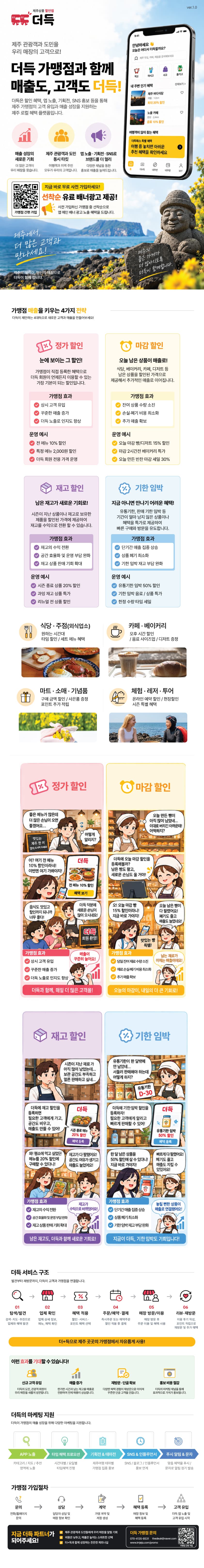 더득 제주 로컬 혜택 플랫폼 가맹점 모집 안내 - 정가할인, 오늘마감할인, 재고할인, 기간임박할인 혜택과 가입 방법 소개